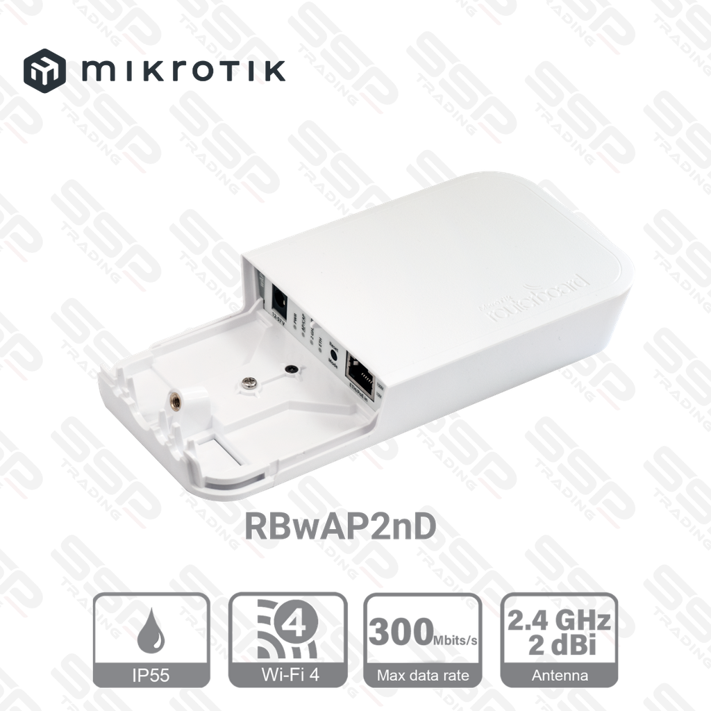 Point d'accès mural étanche IP55, Wifi 4, 2,4Ghz, Antenne 2 dBi, CPU 650 MHz, RAM 64 MHz, Router OS 4