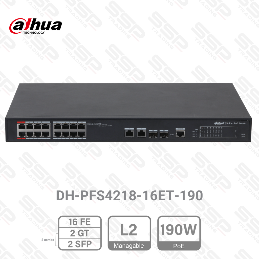 Switch 16 Port Fast Ethernet PoE 190W, 2 x Gigabit Combo (RJ45/SFP), mangeable, rackable