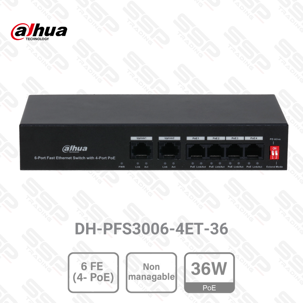 Switch 6 Port Fast Ethernet avec 4 Port PoE 36W, non mangeable