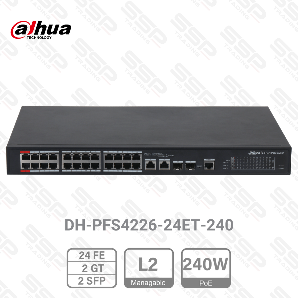 Switch 24 Port Fast Ethernet PoE 240W, 2 x Gigabit Combo (RJ45/SFP), mangeable, rackable