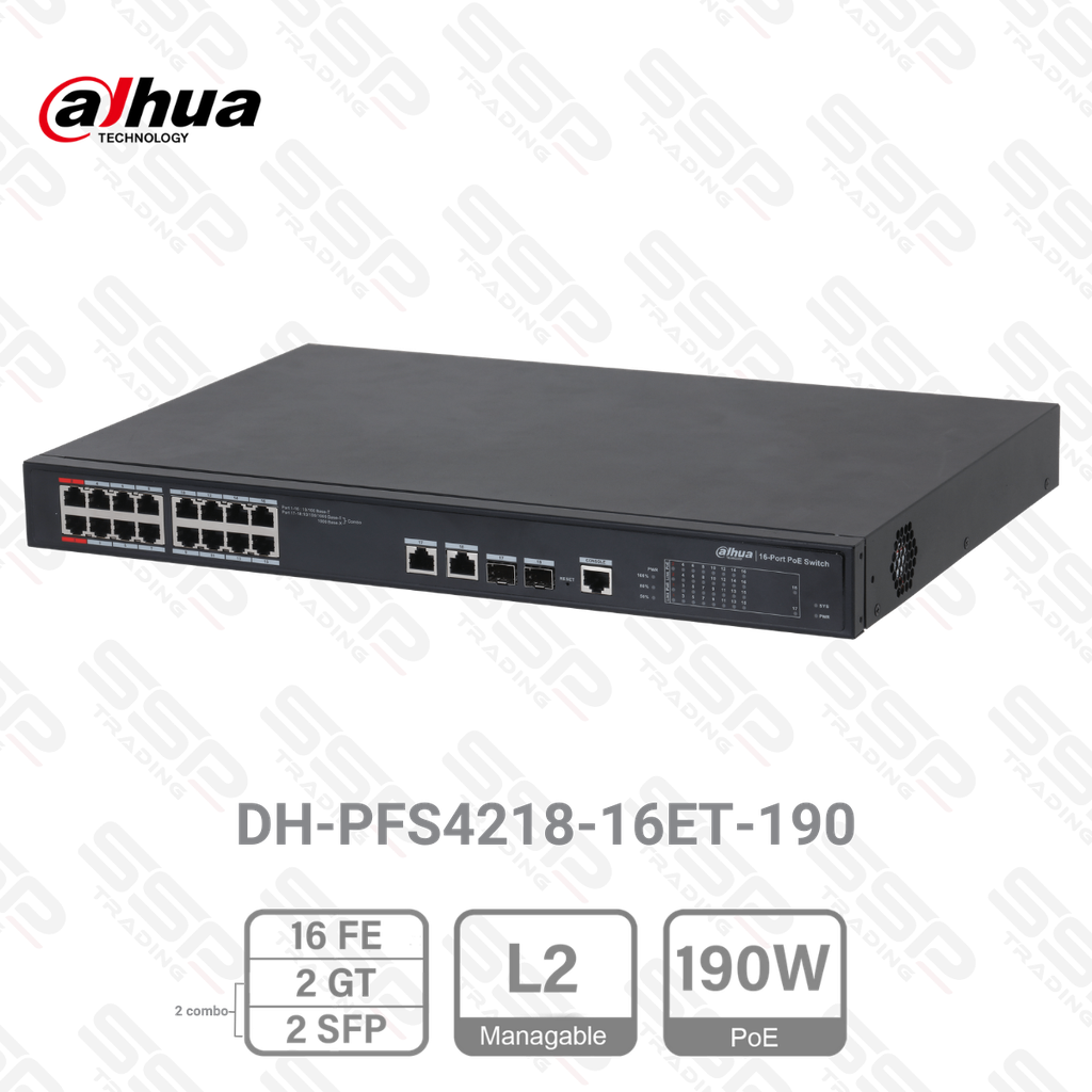 Switch 16 Port Fast Ethernet, PoE 190W, 2 x Gigabit Combo (RJ45/SFP), Manageable L2, Rackable