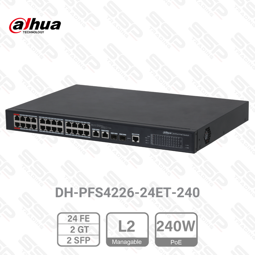 Switch 24 Ports Fast Ethernet, PoE 240W, 2 x Gigabit Combo (RJ45/SFP), Manageable L2, Rackable