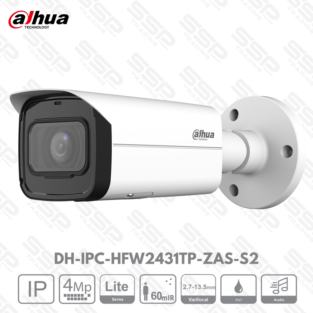 Camera IP Bullet, 4MP, Objectif motorisé  2.7-13.5mm, IR:60m, Audio intégré, IVS - Série LITE