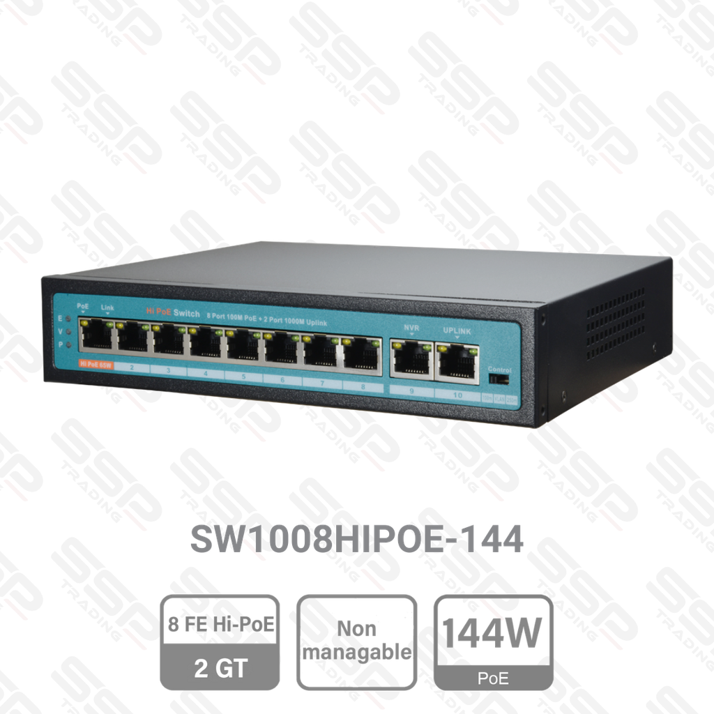 Switch 8 Port FastEthernet, Hi-PoE 144W, 2 Port Uplink GT, Non Manageable