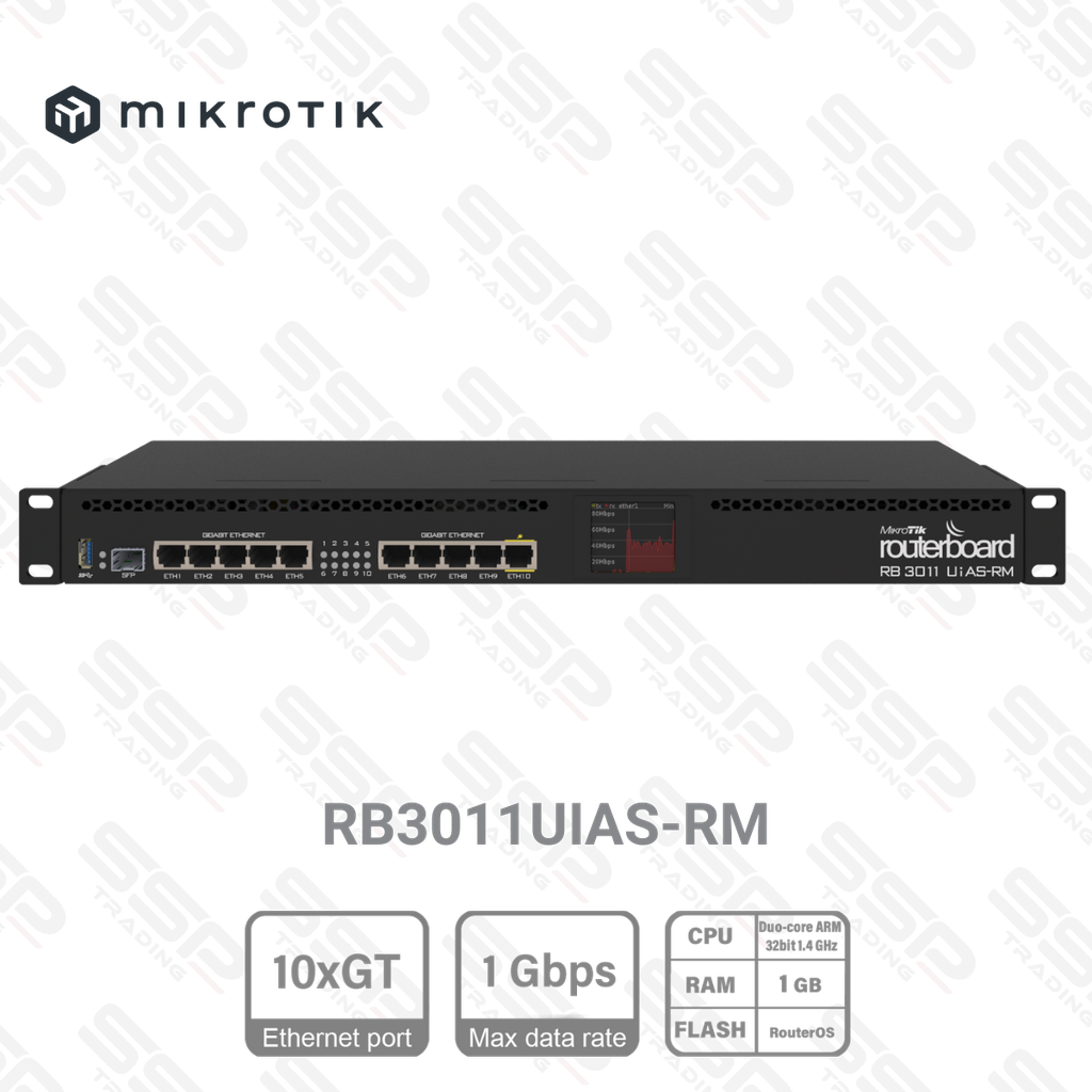 ROUTER 10xGigabit Ethernet, 1xSFP cage, PoE out on port 10, 2x1.4GHz CPU, 1GB RAM, RouterOS L5, touchscreen LCD panel, 1U rackmount