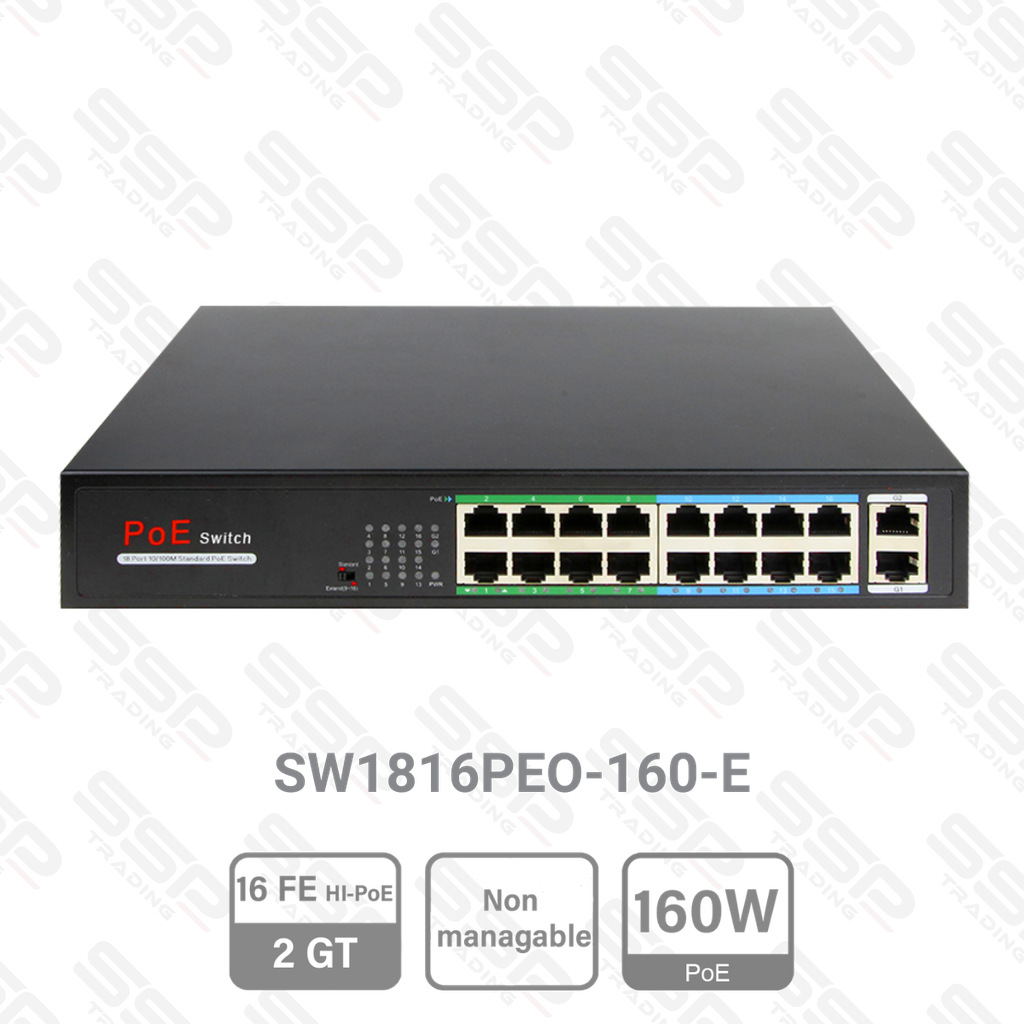 Switch 16 Port FE Hi-PoE 160W, 2 Port Uplink GT, Non Manageable