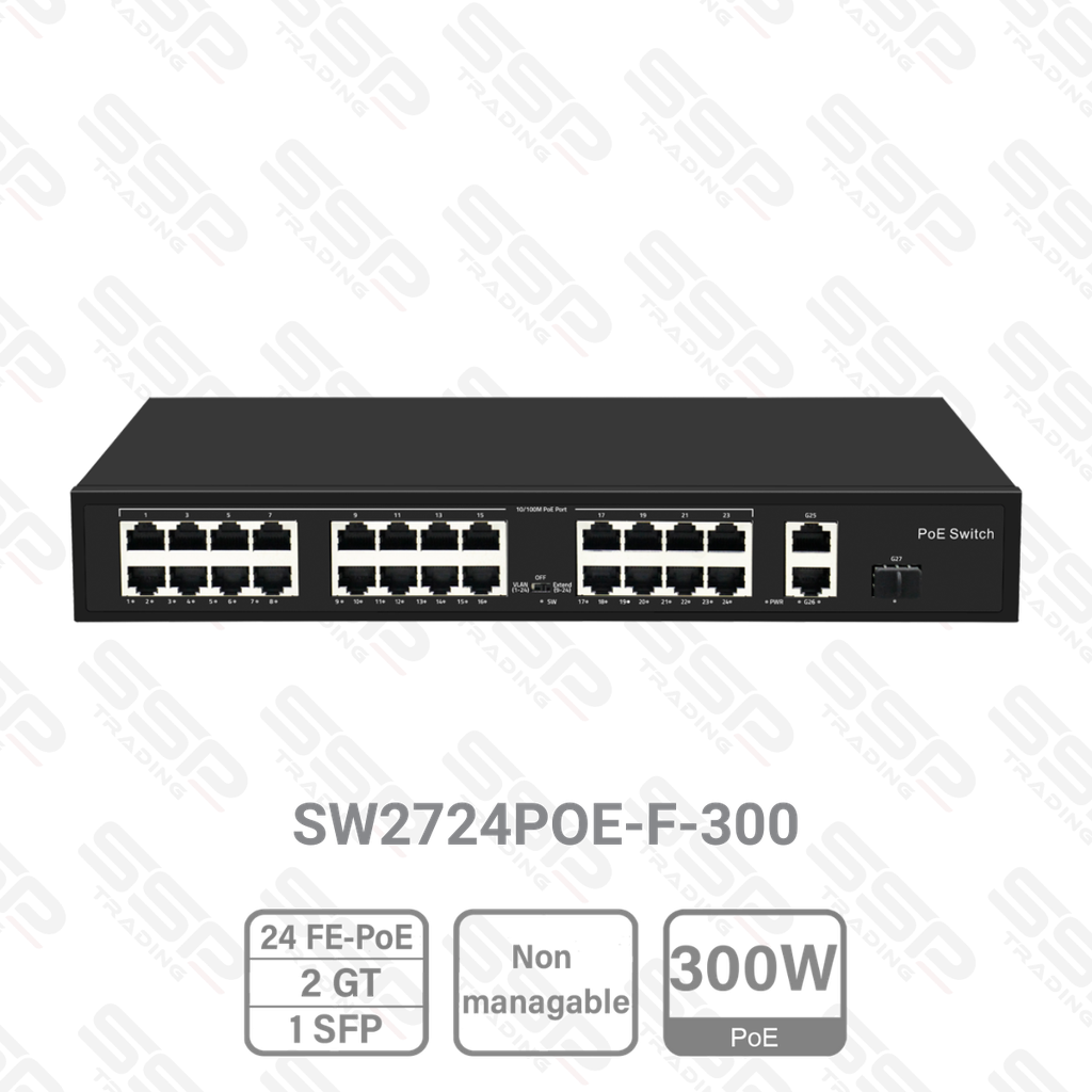 Switch 24 Ports FastEthernet, Hi-PoE 300W, 2 Ports Gigabit + 1 Gigabit SFP, Non Manageable