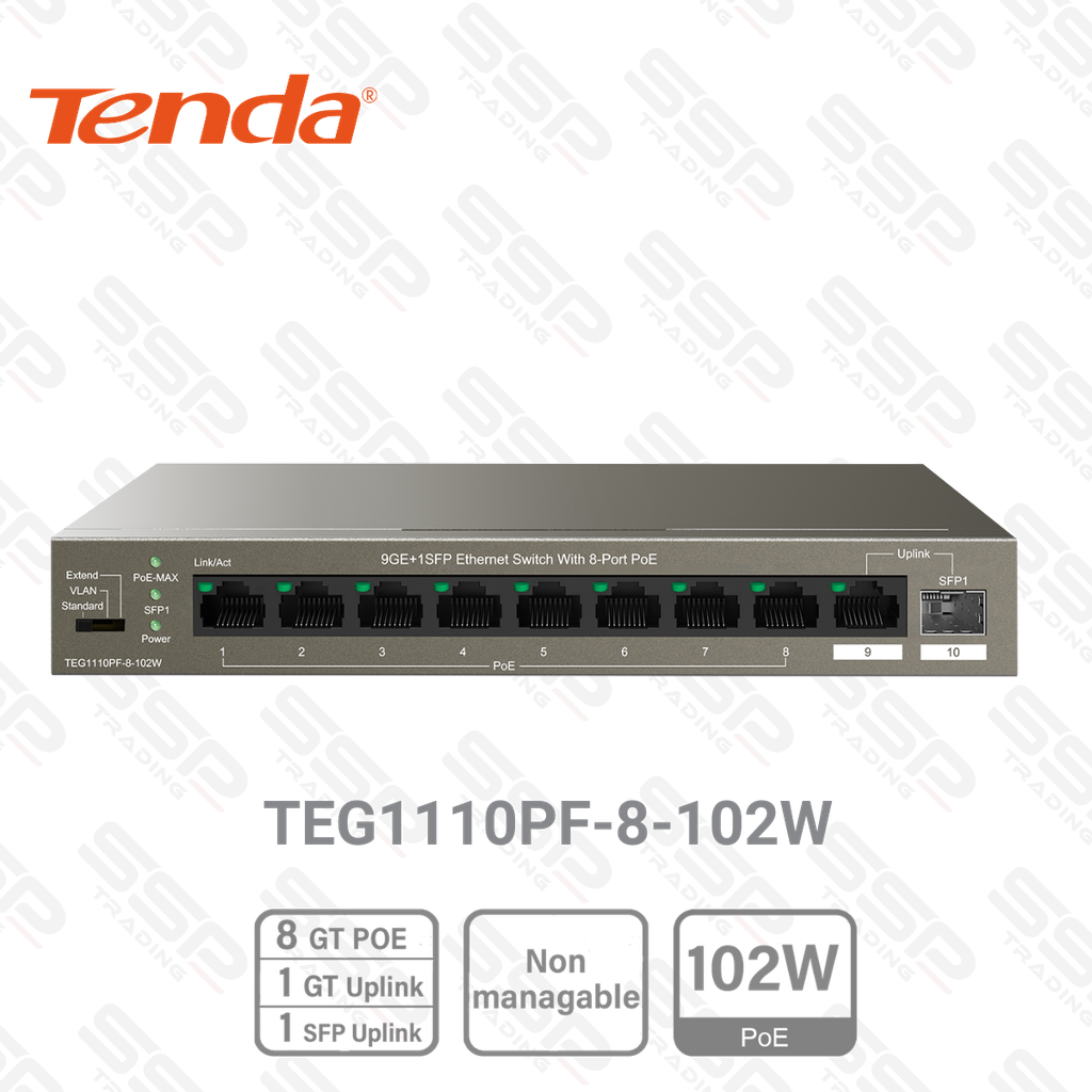 Switch 8 Ports 10/100/1000 PoE+ 102W, 1 Port WAN, 1 Port SFP, Non Manageable