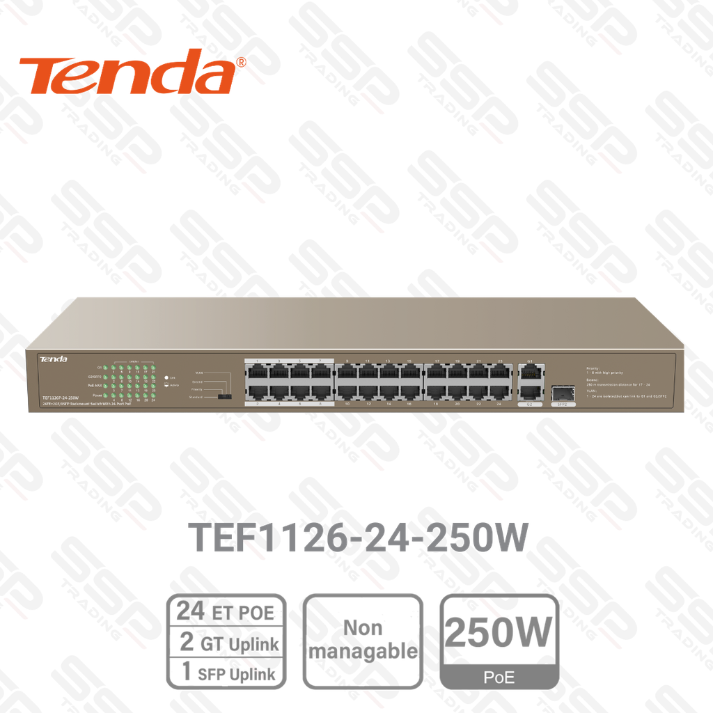 Switch TENDA 24 Ports 10/100 PoE+ 250W, 2xRG45 10/100/1000, 1x SFP Giga, Non Manageable