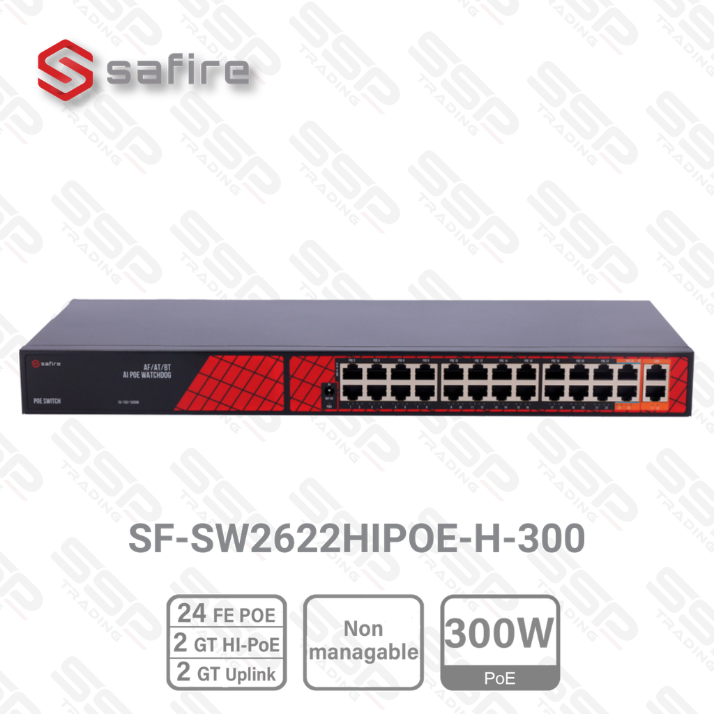 Safire Switch Hi-PoE, 24 Fast Ethernet Ports, PoE 300W, 2 x 10/100/1000 Hi-Port, 2 Uplink RJ45, Non Manageable