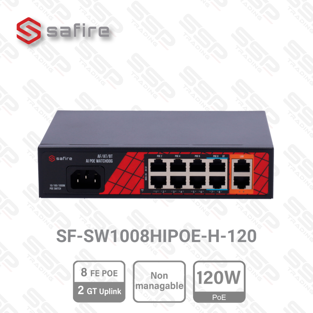 Safire Switch Hi-PoE 8 ports FastEthernet, PoE 120W, 2 Uplink RJ45 10/100/1000 Mbps, Non Manageable