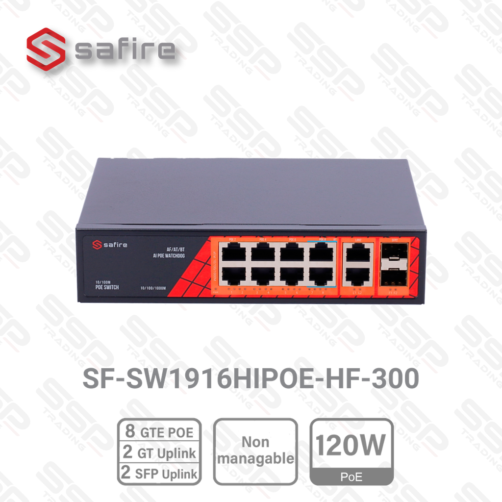 Safire Switch Hi-PoE, 8 Gigabit Ports, PoE 120W, 2 Uplink RJ45, 2 SFP Uplink, Non Manageable