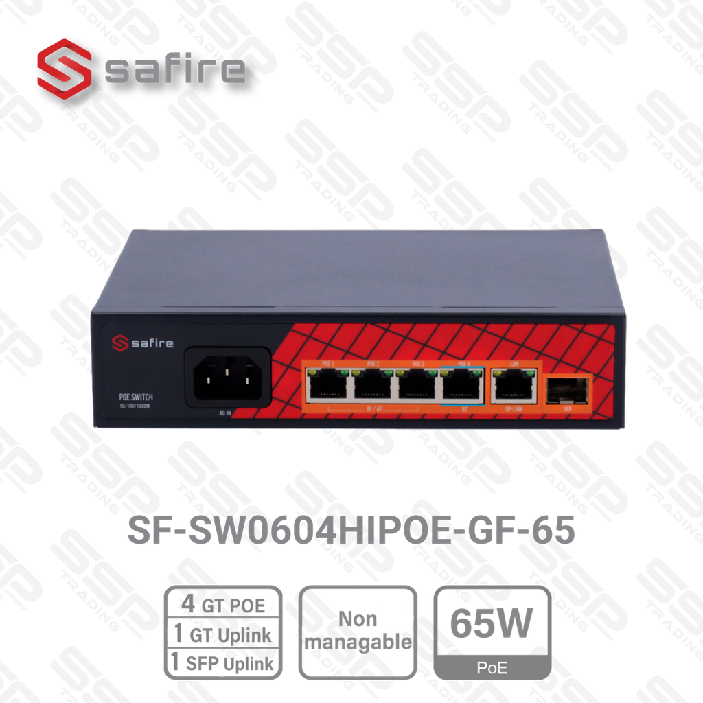 Safire Switch Hi-PoE 4 ports Gigabits 65W, 2 ports Combo Uplink RJ45/SFP, Non Manageable,