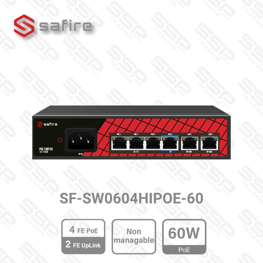 Safire Switch Hi-PoE 4 ports FastEthernet PoE, 2 Uplink RJ45, Non Manageable