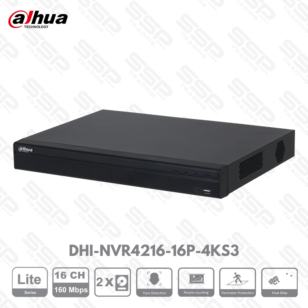 NVR Lite, 16 canaux,16 PoE 130W, up to 8MP, Max 160 Mbps,  2HDDs, H.265, HDMI