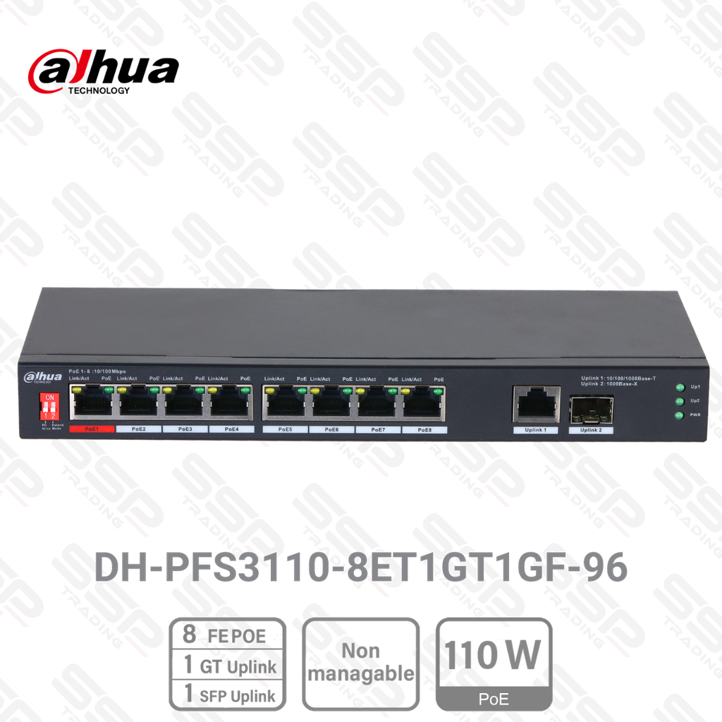 Switch 8 Port Fast Ethernet, PoE 110W, 1 Port Uplink Gigabit Ethernet, 1 Port SFP, Non Manageable