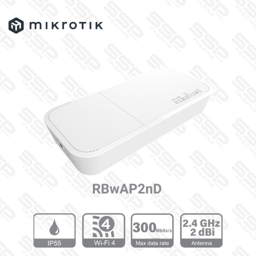 [RBwAP2nD] Point d'accès Mural étanche IP55, Wifi 4, 2,4Ghz, Antenne 2 dBi, CPU 650 MHz, RAM 64 MB, Router OS 4