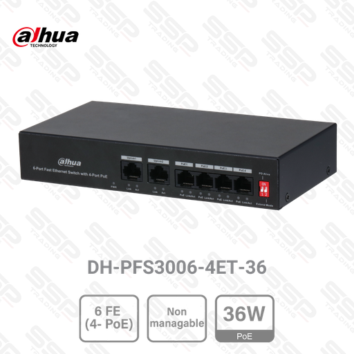 [DH-PFS3006-4ET-36] Switch 6 Ports Fast Ethernet, 4 Ports PoE 36W, Non Manageable