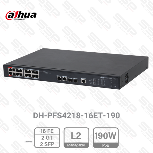 [DH-PFS4218-16ET-190] Switch 16 Port Fast Ethernet, PoE 190W, 2 x Gigabit Combo (RJ45/SFP), Manageable L2, Rackable