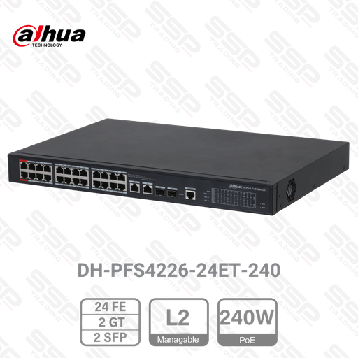 [DH-PFS4226-24ET-240] Switch 24 Ports Fast Ethernet, PoE 240W, 2 x Gigabit Combo (RJ45/SFP), Manageable L2, Rackable