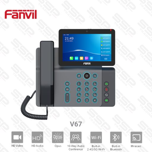 [V67] IP PHONE - Écran tactile couleur 7" (1024x600), SIP 2.0, HD Voice, 2xRJ45, PoE, Wi-Fi, Touches DSS intelligentes, Annuaire local 2000 entrées.