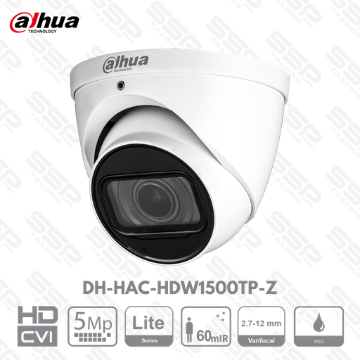 [DH-HAC-HDW1500TP-Z] Camera HDCVI Dôme, 5MP, Objectif 2.7-12mm, IR:60m, Audio - Série Lite