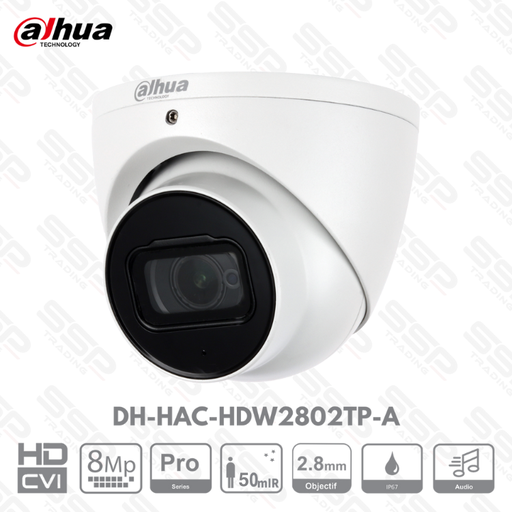 [DH-HAC-HDW2802TP-A] Camera HDCVI Dôme, 8MP, Objectif 2.8 mm, IR:50m, Audio - Série PRO