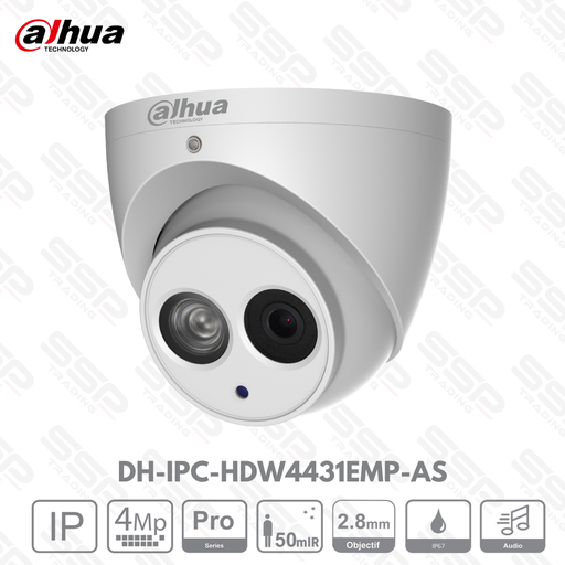 [DH-IPC-HDW4431EMP-AS] Camera IP Dôme, 4MP, Objectif 2.8mm, IR:50m, Audio intégré - Série PRO