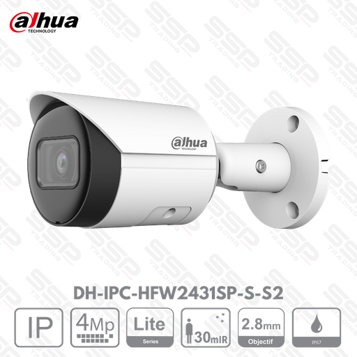 [DH-IPC-HFW2431SP-S-S2] Camera IP Bullet, 4MP, Objectif 2.8mm, ePoE, IR:30m, IVS - Série LITE