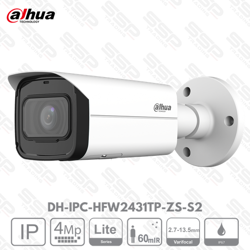 [DH-IPC-HFW2431TP-ZS-S2] Camera IP Bullet, 4MP, Objectif motorisé 2.7-13.5mm, IR:60m, IVS - Série LITE