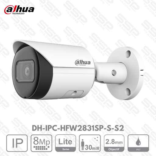 [DH-IPC-HFW2831SP-S-S2] Camera IP Bullet, 8MP, Objectif 2.8mm, IR:30m, IVS  - Série LITE