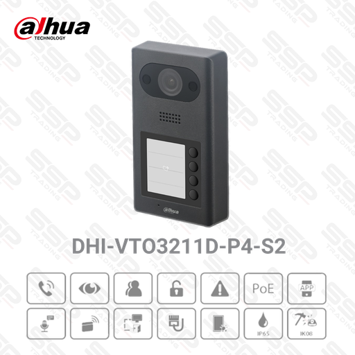 [DHI-VTO3211D-P4-S2] Platine 4 Boutons, 2MP, IP PoE, Double ouverture, Mifare