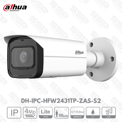 [DH-IPC-HFW2431TP-ZAS-S2] Camera IP Bullet, 4MP, Objectif motorisé  2.7-13.5mm, IR:60m, Audio intégré, IVS - Série LITE