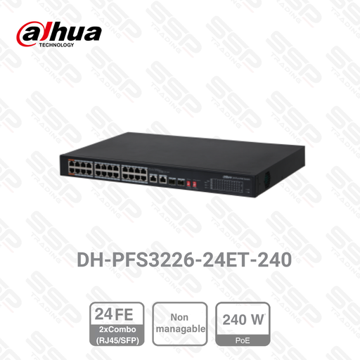 [DH-PFS3226-24ET-240] Switch 24 Ports Fast Ethernet, PoE 240W, 2 x Gigabit Combo (RJ45/SFP), Non Manageable