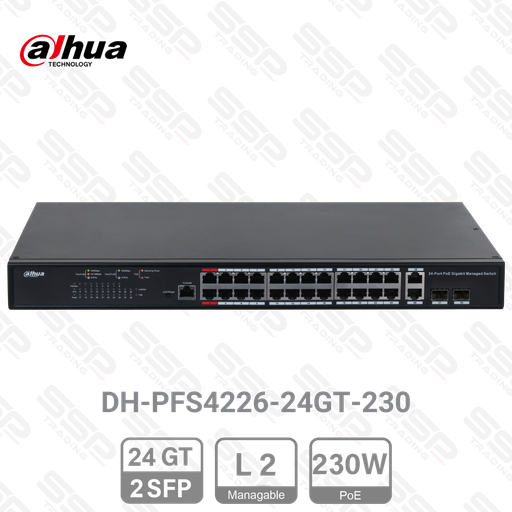 [DH-PFS4226-24GT-230] Switch 24 Port Gigabit FastEthernet, PoE 230W, 2 SFP, Manageable L2, Rackable