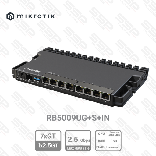 [RB5009UG+S+IN] ROUTER, 7 x Gigabit, 1 x 2.5 Gigabit Ethernet ,1 x SFP 10Gbit/s + CPU quad-core, 1GB de RAM, RouterOS V7 L5