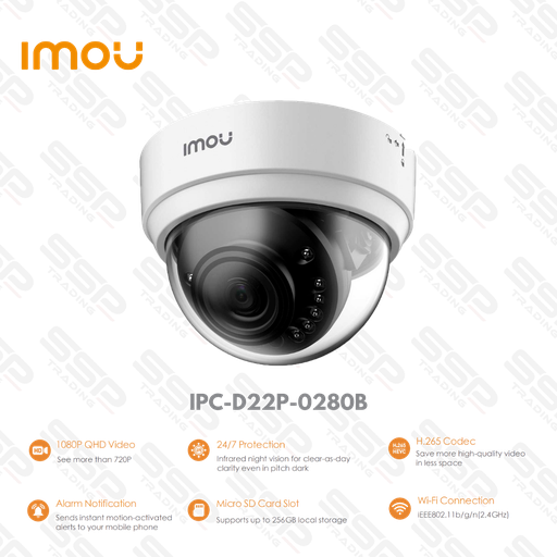 [IPC-D22P-0280B] Camera IP IMOU DOME LITE, Wi-Fi, 2MP, Objectif 2.8mm, Antivendale, IR:20m, H.265