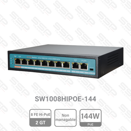 [SW1008HIPOE-144] Switch 8 Port FastEthernet, Hi-PoE 144W, 2 Port Uplink GT, Non Manageable