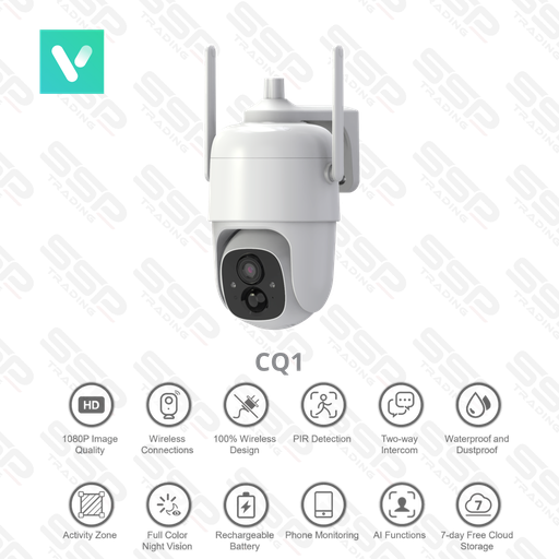 [CQ1] Camera smart IP PTZ VicoHome, 3MP, WIFI, Objectif 3.2 mm, IR 10m, SD Card, Audio, Batterie au lithium 9000 mAh