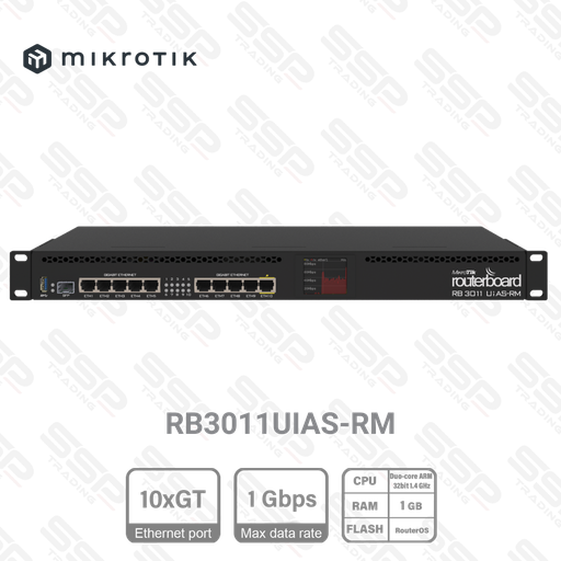 [RB3011UIAS-RM] ROUTER 10xGigabit Ethernet, 1xSFP cage, PoE out on port 10, 2x1.4GHz CPU, 1GB RAM, RouterOS L5, touchscreen LCD panel, 1U rackmount