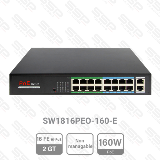 [SW1816PEO-160-E] Switch 16 Port FE Hi-PoE 160W, 2 Port Uplink GT, Non Manageable