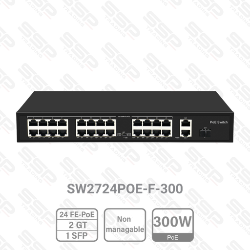 [SW2724POE-F-300] Switch 24 Ports FastEthernet, Hi-PoE 300W, 2 Ports Gigabit + 1 Gigabit SFP, Non Manageable