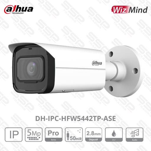 [DH-IPC-HFW5442TP-ASE] Caméra IP Bullet 4MP avec Objectif 2.8mm,ePoE, IR:50m, Audio Intégré, IA WizMind, Détection de Visage - Série PRO