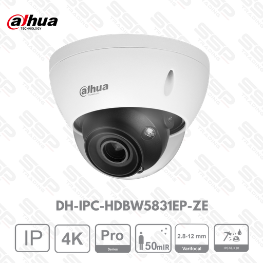 [DH-IPC-HDBW5831EP-ZE] Caméra IP Dôme Antivandale 8MP avec Objectif motorisé 2.8-12mm, ePoE, IR:50m, IVS - Série  PRO