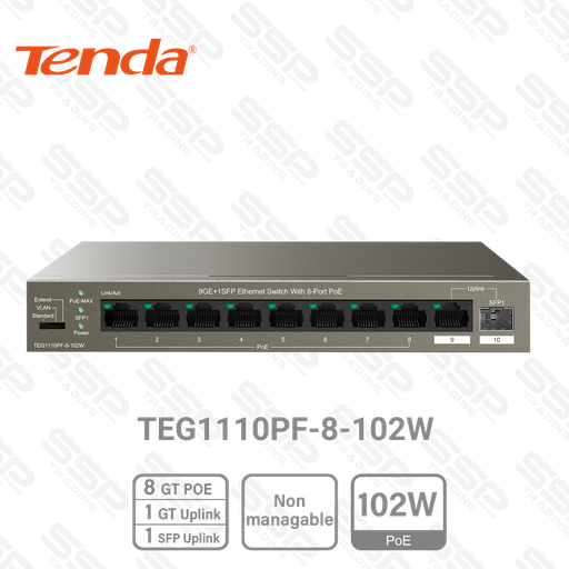 [TEG1110PF-8-102W] Switch 8 Ports 10/100/1000 PoE+ 102W, 1 Port WAN, 1 Port SFP, Non Manageable