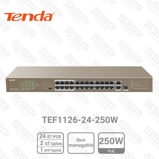 [TEF1126-24-250W] Switch TENDA 24 Ports 10/100 PoE+ 250W, 2xRG45 10/100/1000, 1x SFP Giga, Non Manageable