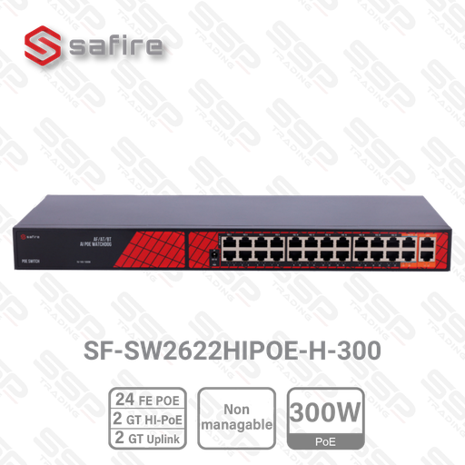 [SF-SW2622HIPOE-H-300] Safire Switch Hi-PoE, 24 Fast Ethernet Ports, PoE 300W, 2 x 10/100/1000 Hi-Port, 2 Uplink RJ45, Non Manageable