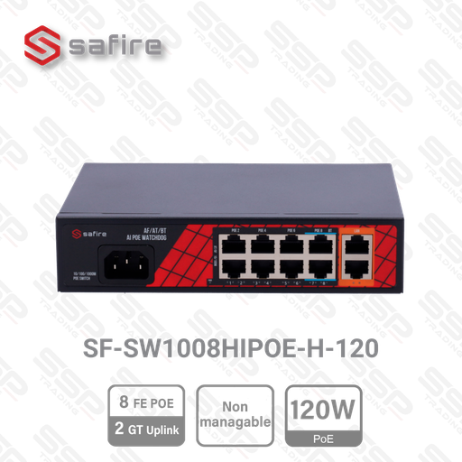 [SF-SW1008HIPOE-H-120] Safire Switch Hi-PoE 8 ports FastEthernet, PoE 120W, 2 Uplink RJ45 10/100/1000 Mbps, Non Manageable