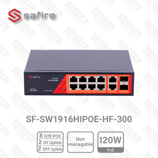 [SF-SW1208HIPOE-GF-120] Safire Switch Hi-PoE, 8 Gigabit Ports, PoE 120W, 2 Uplink RJ45, 2 SFP Uplink, Non Manageable