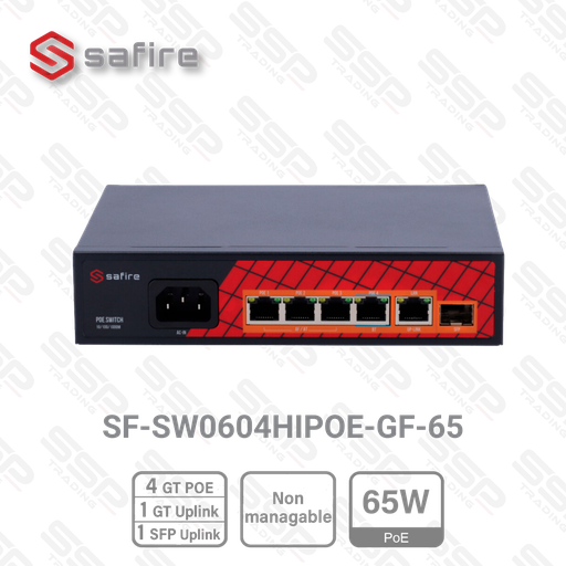 [SF-SW0604HIPOE-GF-65] Safire Switch Hi-PoE 4 ports Gigabits 65W, 2 ports Combo Uplink RJ45/SFP, Non Manageable,